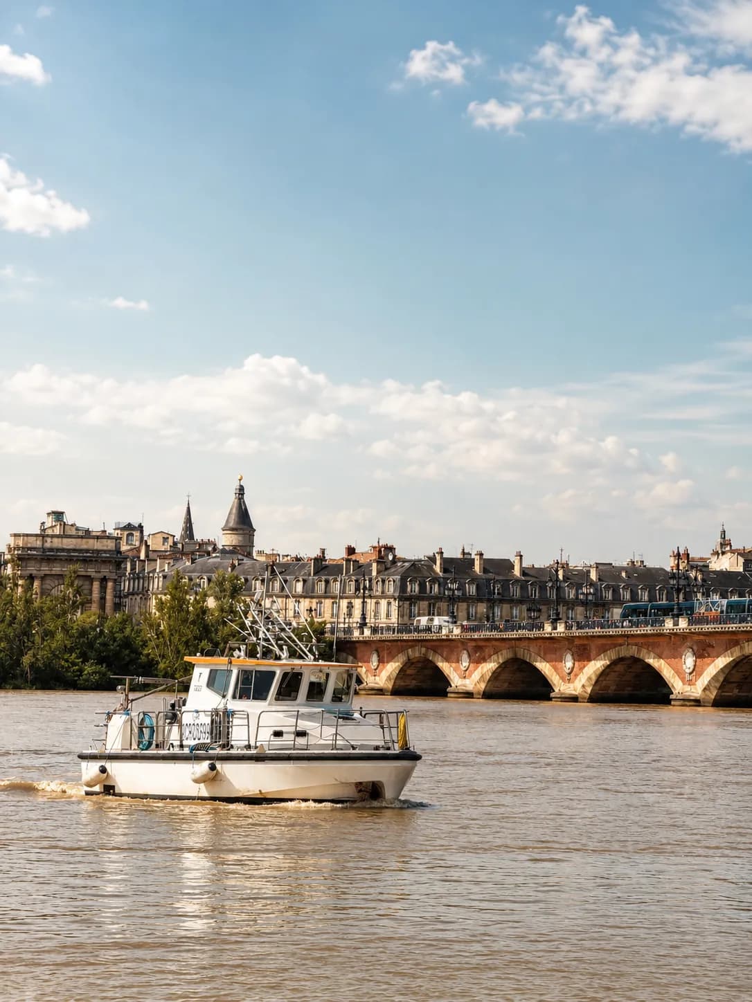 Bateau sur la Garonne devant le Pont de Pierre et les façades des quais